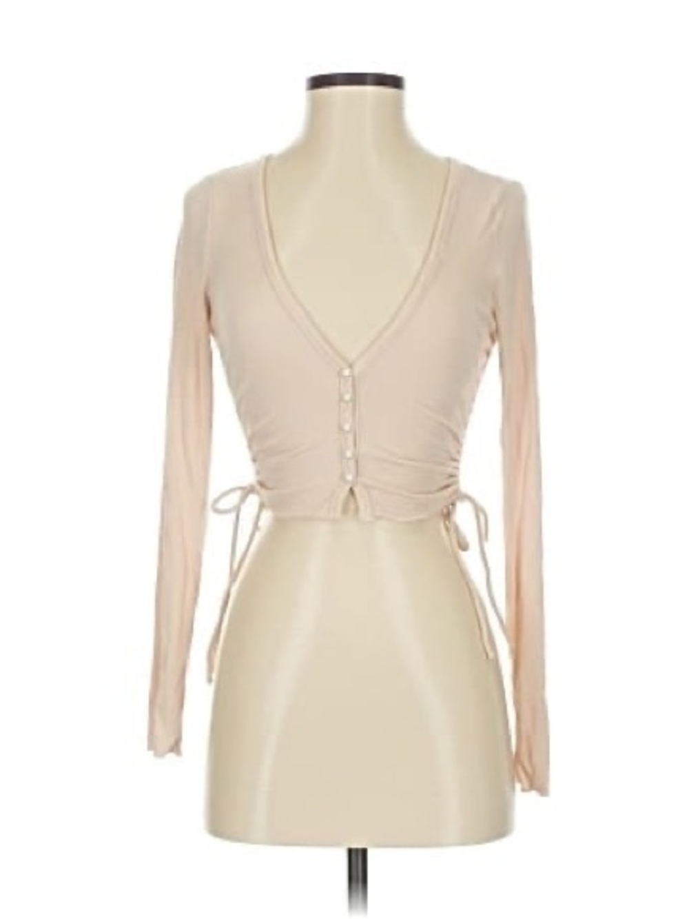 Princess Polly Beige Long Sleeve Ruched Pearl Button Crop Top